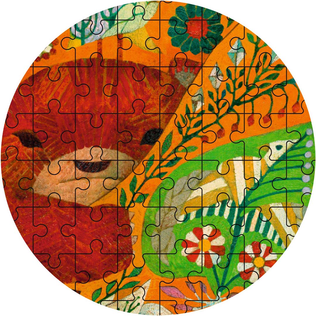 Close-up van een deel van de Djeco Puzz'Art beren legpuzzel, met het gezicht van een beer en gedetailleerde patronen.