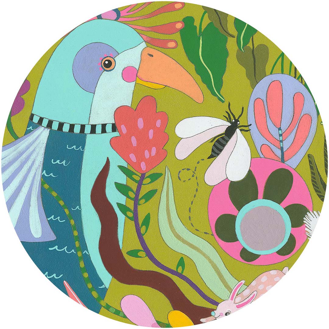 Detail van de Djeco Puzz'Art legpuzzel met een blauwe vogel, vlinder en planten.