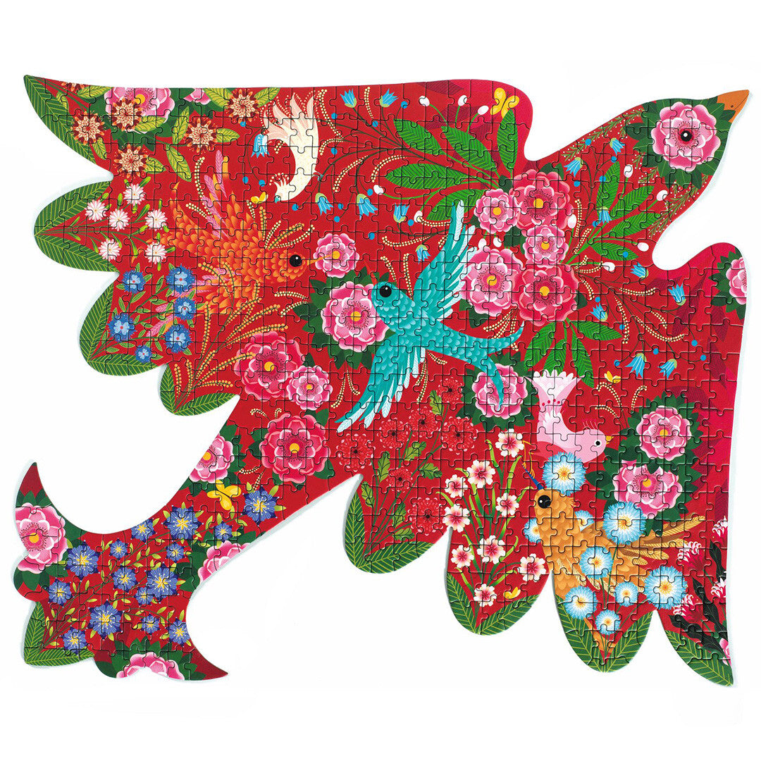 Djeco Puzz'Art contourpuzzel in de vorm van een vogel met een rood bloemenpatroon en vogels.