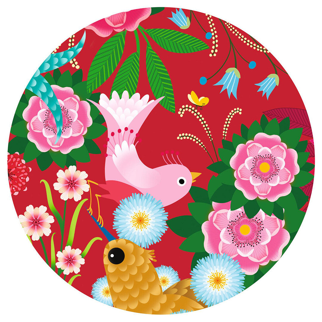 Detail van de Djeco Puzz'Art vogel puzzel met roze en blauwe bloemen en twee vogels.