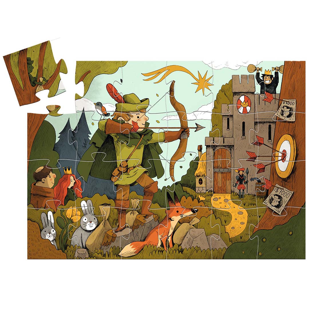 Een legpuzzel van Robin Hood die een pijl en boog afschiet voor een kasteel in het bos, met een los puzzelstukje.