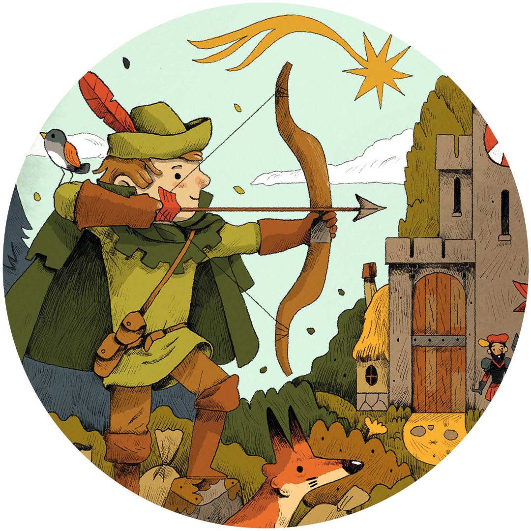 Detail van de Robin Hood legpuzzel met Robin Hood die een pijl en boog afschiet.