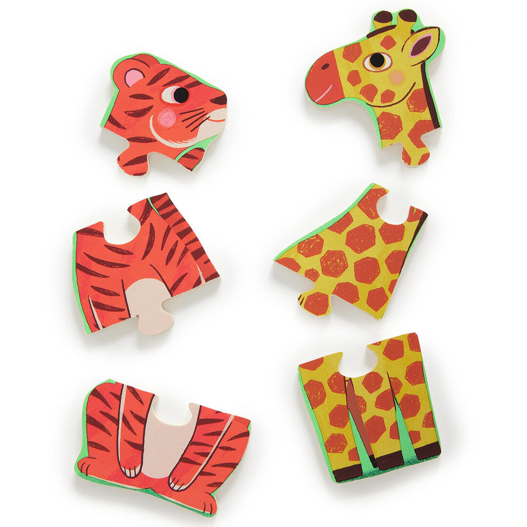 Zes losse houten puzzelstukken die samen een tijger en een giraffe vormen.