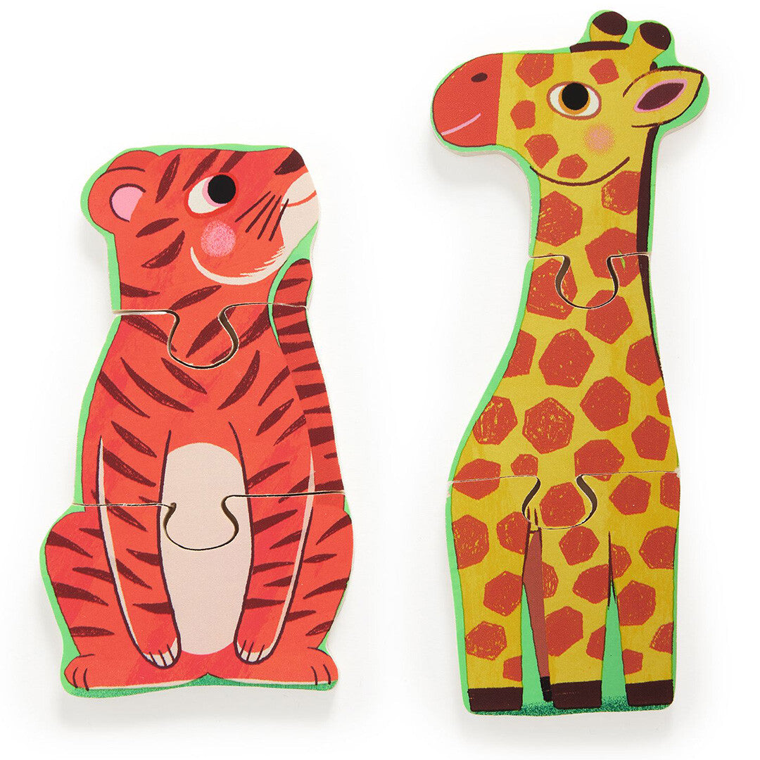 Twee complete houten puzzels van een tijger en een giraffe.