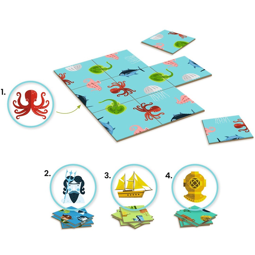 Infographic van de Djeco Sologic Impossiblo Ocean puzzel met losse stukken en voorbeelden.