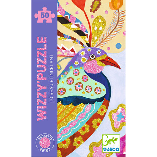 Voorkant van de Djeco puzzelverpakking met een sprankelende vogel en bloemen.