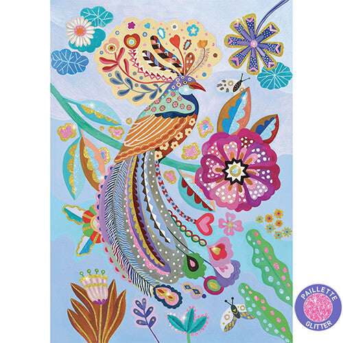 Djeco legpuzzel van een kleurrijke sprankelende vogel tussen bloemen.