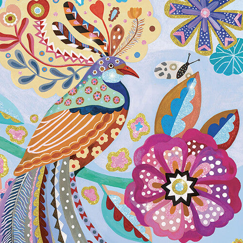 Detail van de Djeco puzzel met de kop van een sprankelende vogel en glitterbloemen.