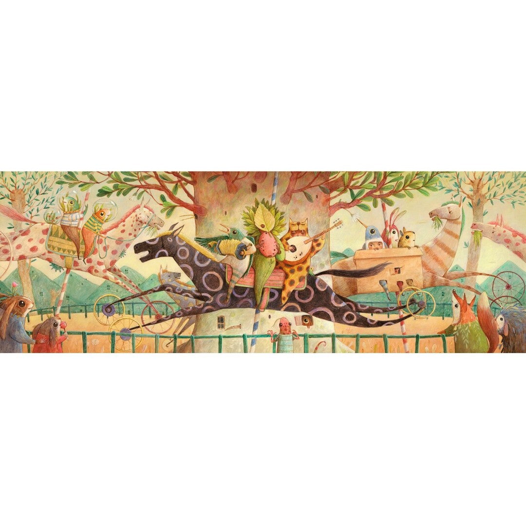 Djeco legpuzzel Wonderful Ride met een lange illustratie van musicerende dieren op fantasiewezens.
