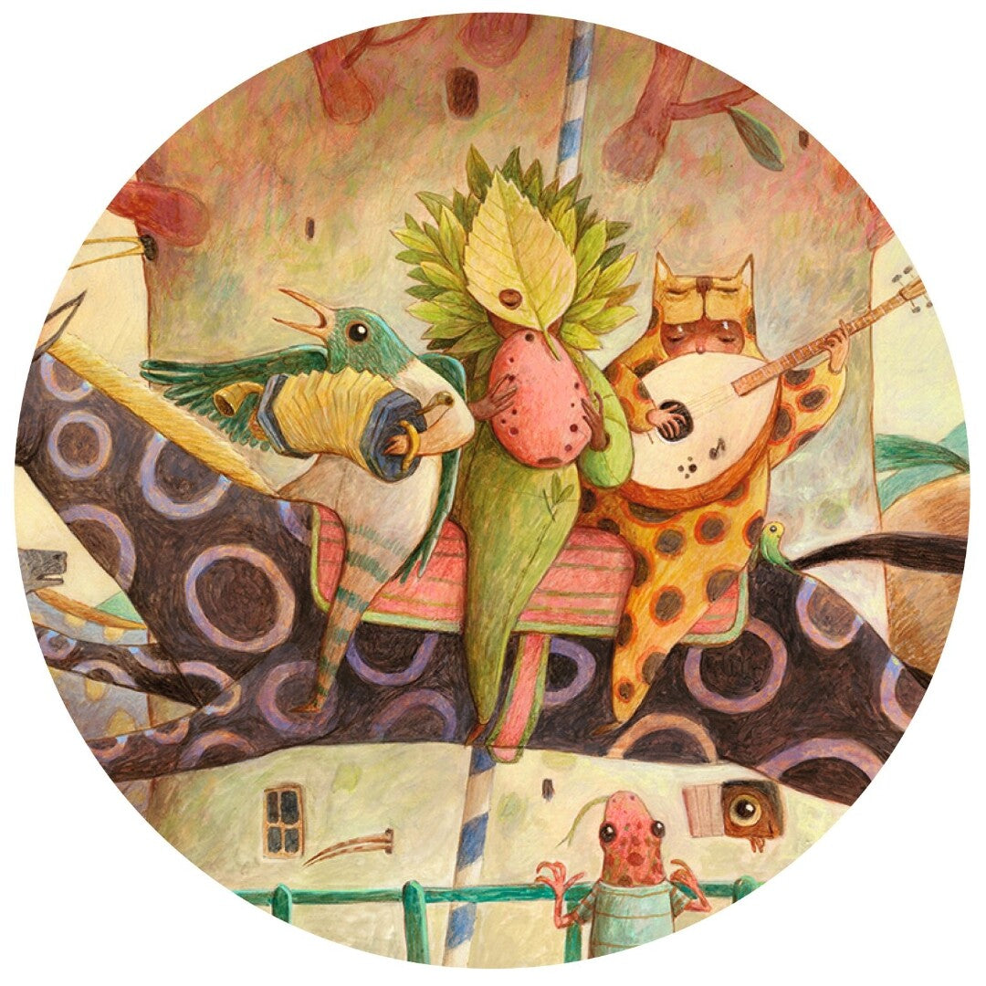 Detail van de legpuzzel Wonderful Ride met musicerende dieren op een fantasiepaard.