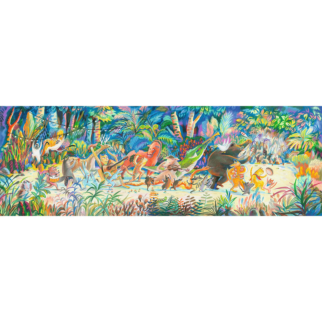 Volledige illustratie van de Djeco 'Woods Music Band' puzzel met een parade van musicerende dieren in een kleurrijk bos.