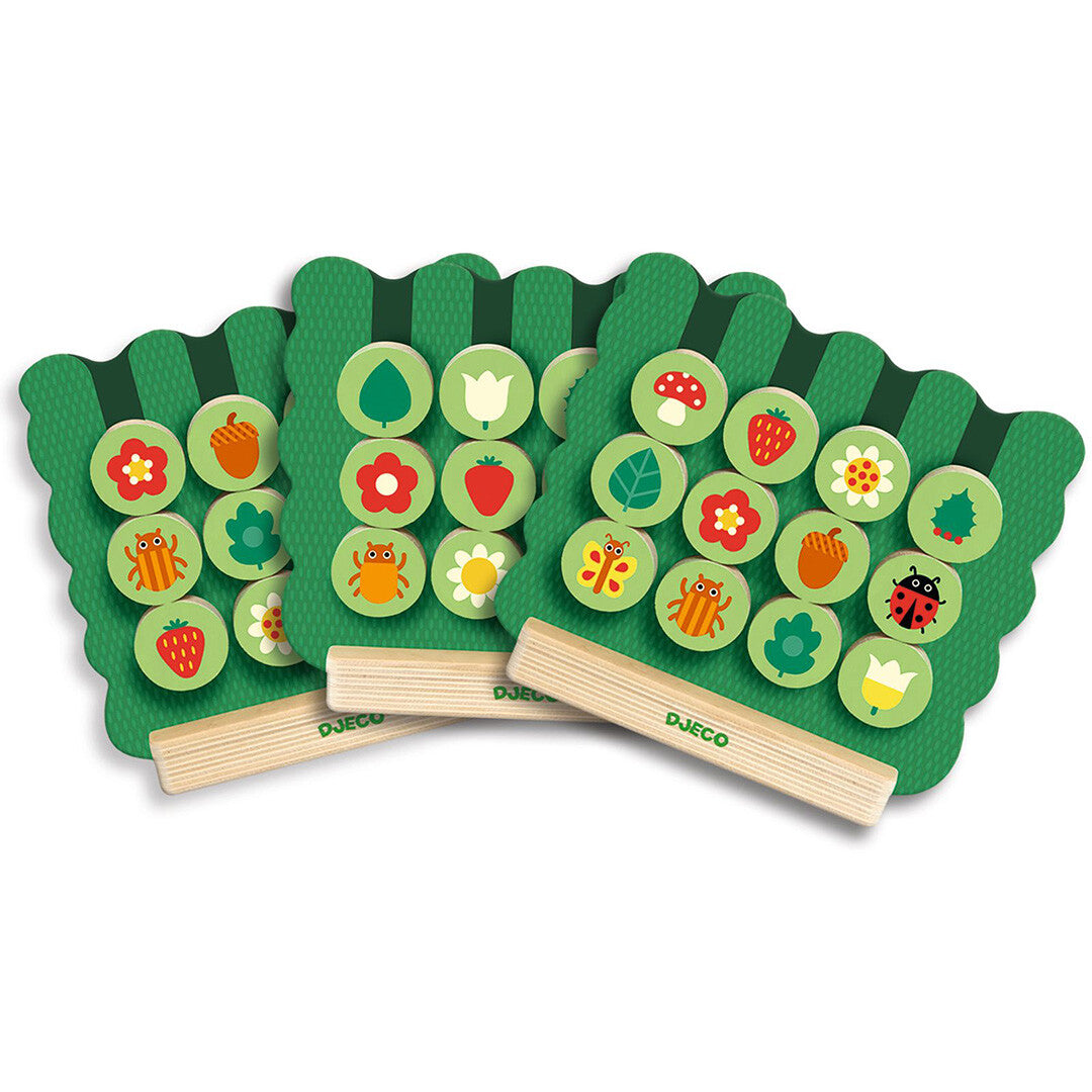 Drie Djeco houten puzzelspellen Gardimix met groene achtergronden en ronde fiches met flora- en fauna-afbeeldingen.