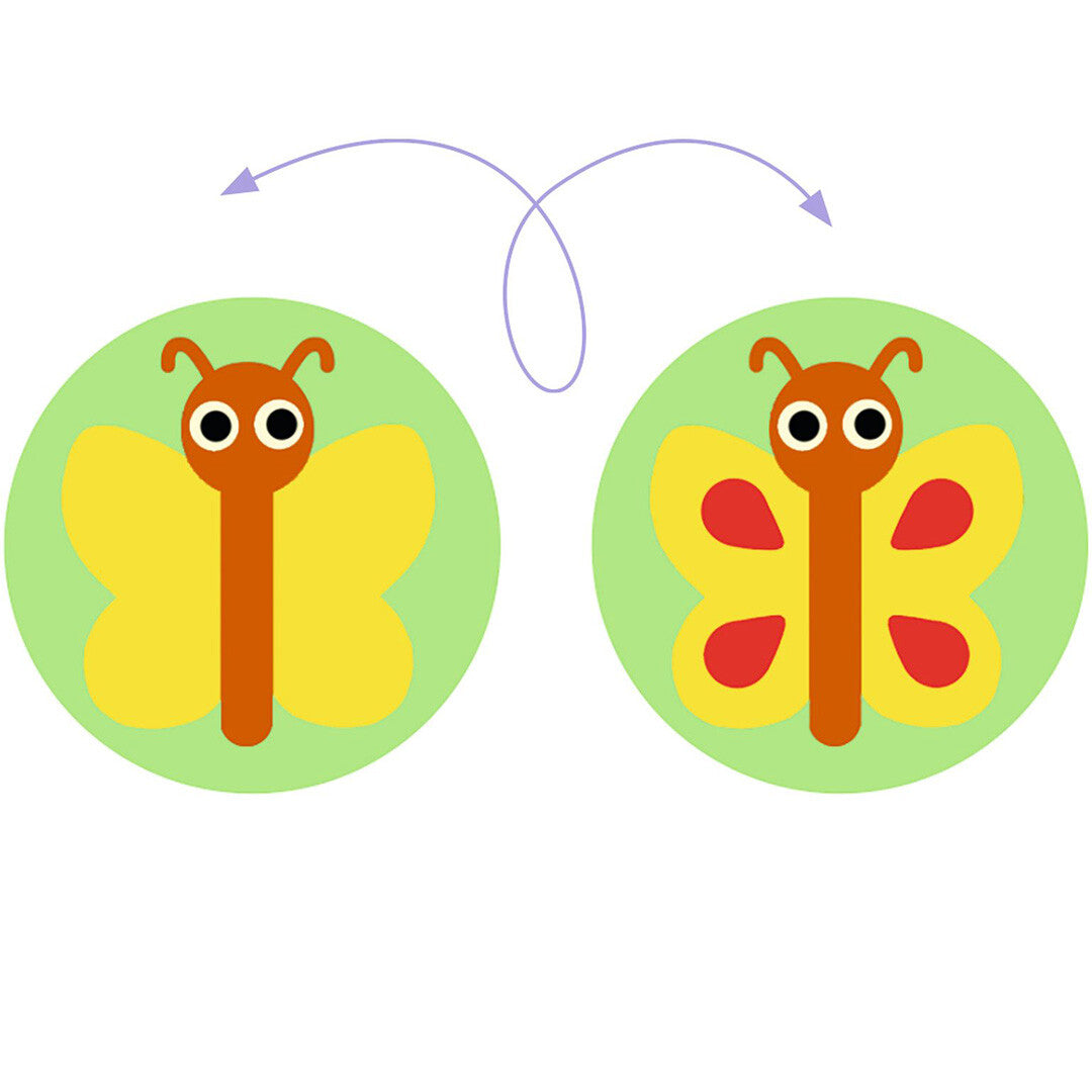 Infographic van het Djeco Gardimix puzzelspel met twee vlinders die een verschil in patroon tonen.