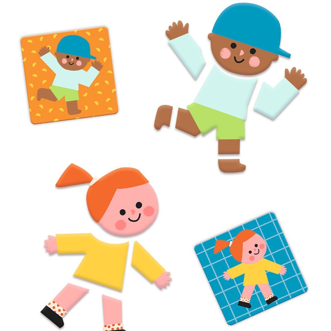 Vier Djeco puzzel kinderfiguren, deels geassembleerd en deels als losse lichaamsdelen.