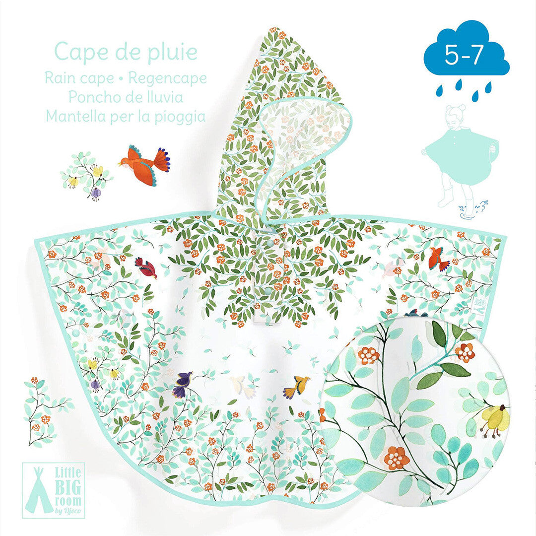 Infographic van de Djeco regenponcho met bladeren- en vogelsprint, inclusief detailweergave en leeftijdsindicatie 5-7 jaar.