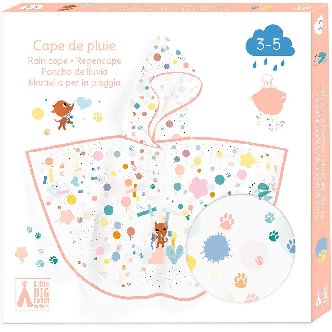 De verpakking van de Djeco regenponcho voor kinderen van 3-5 jaar, met een afbeelding van de poncho en een detail.