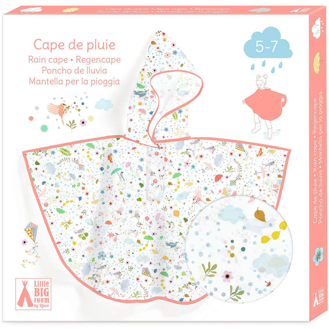 Verpakking van de Djeco kinder regenponcho met bloemen- en vogelpatroon, met leeftijdsaanduiding 5-7 jaar.