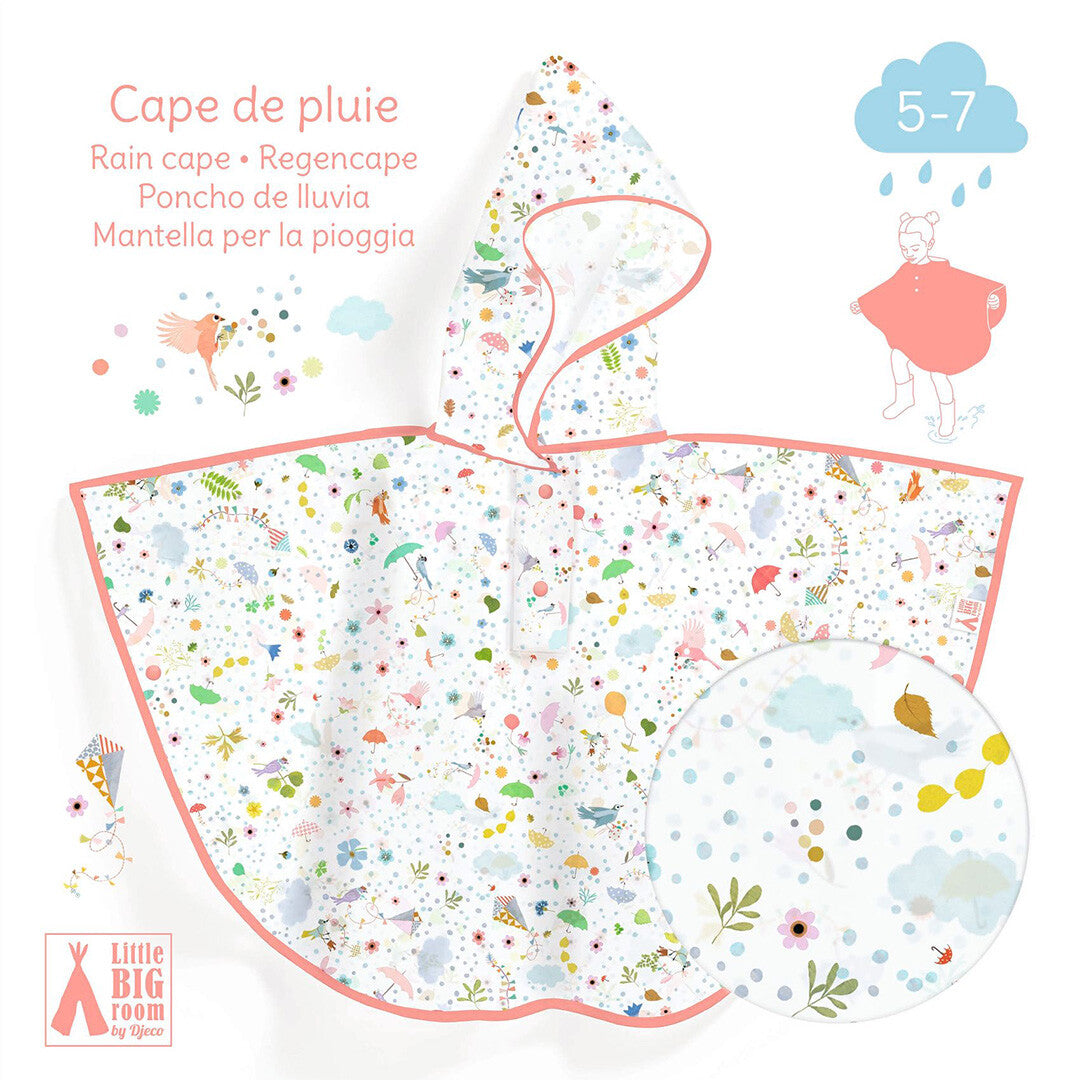 Infographic van de Djeco kinder regenponcho met bloemen- en vogelpatroon, inclusief een detailweergave en leeftijdsaanduiding 5-7 jaar.