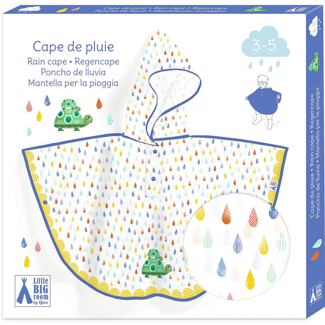 Verpakking van de Djeco kinder regenponcho met schildpad en regendruppels patroon, met leeftijdsindicatie 3-5 jaar.