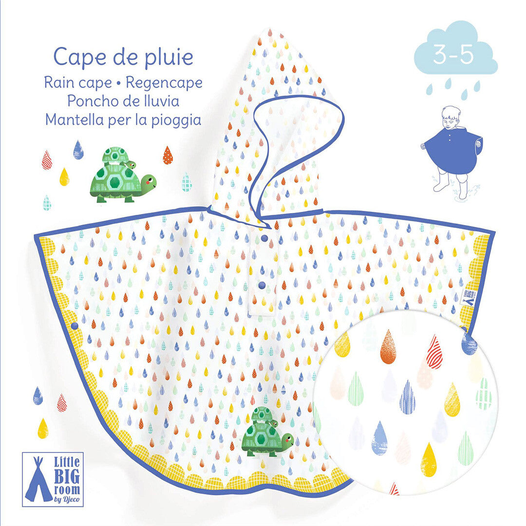 Verpakking van de Djeco kinder regenponcho met schildpad en regendruppels patroon, met leeftijdsindicatie 3-5 jaar.