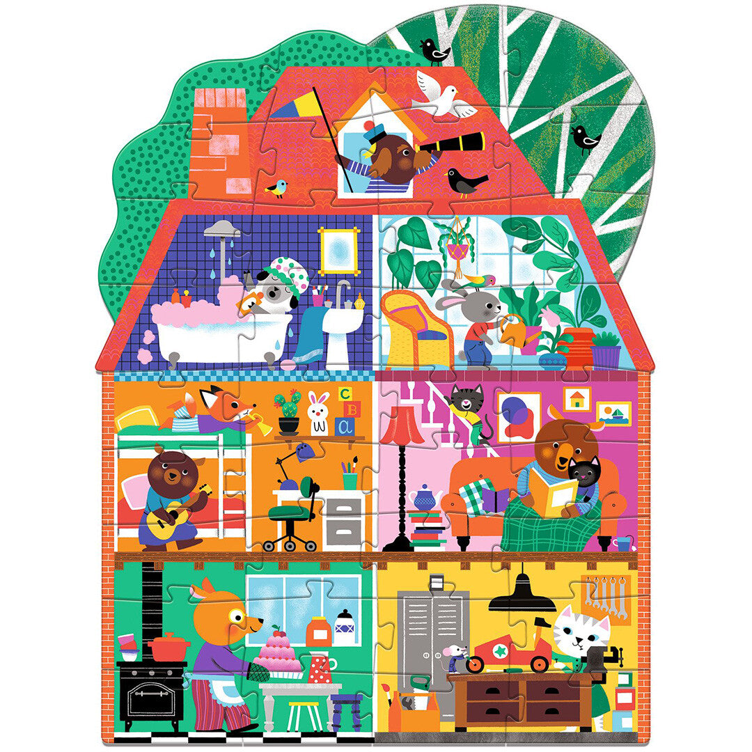 Djeco silhouetpuzzel van een huis met verschillende kamers waar dieren diverse activiteiten doen.