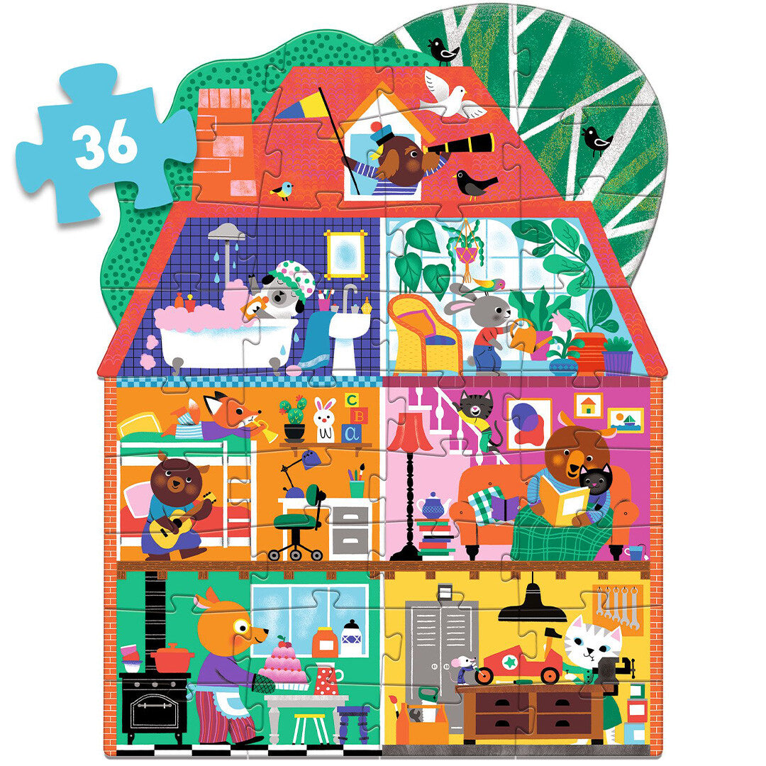 De complete Djeco silhouetpuzzel van 36 stukjes, een huis vol dieren die verschillende activiteiten uitvoeren.