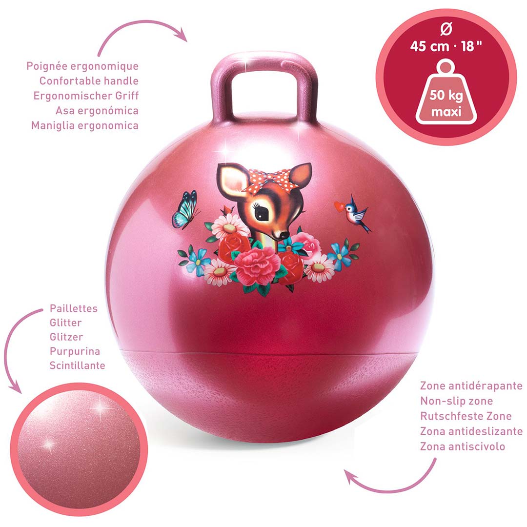 Djeco roze skippybal met infographic die kenmerken zoals ergonomische handgreep, glitter en afmetingen toont.
