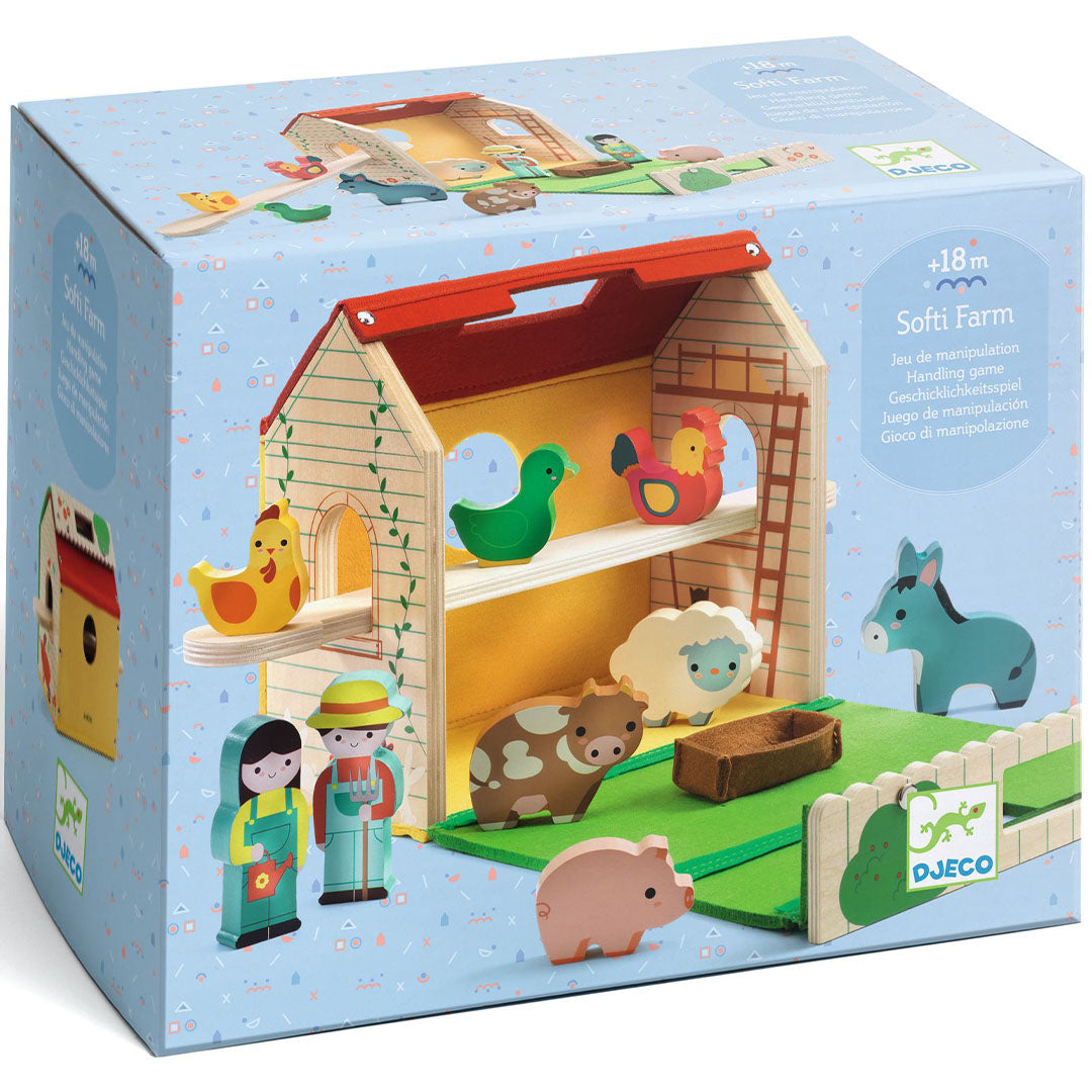 De productverpakking van de Djeco Softi Farm speelboerderij.