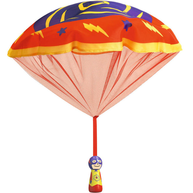 Djeco speelgoedparachutist met een kleurrijke parachute en een houten superheldenfiguur.