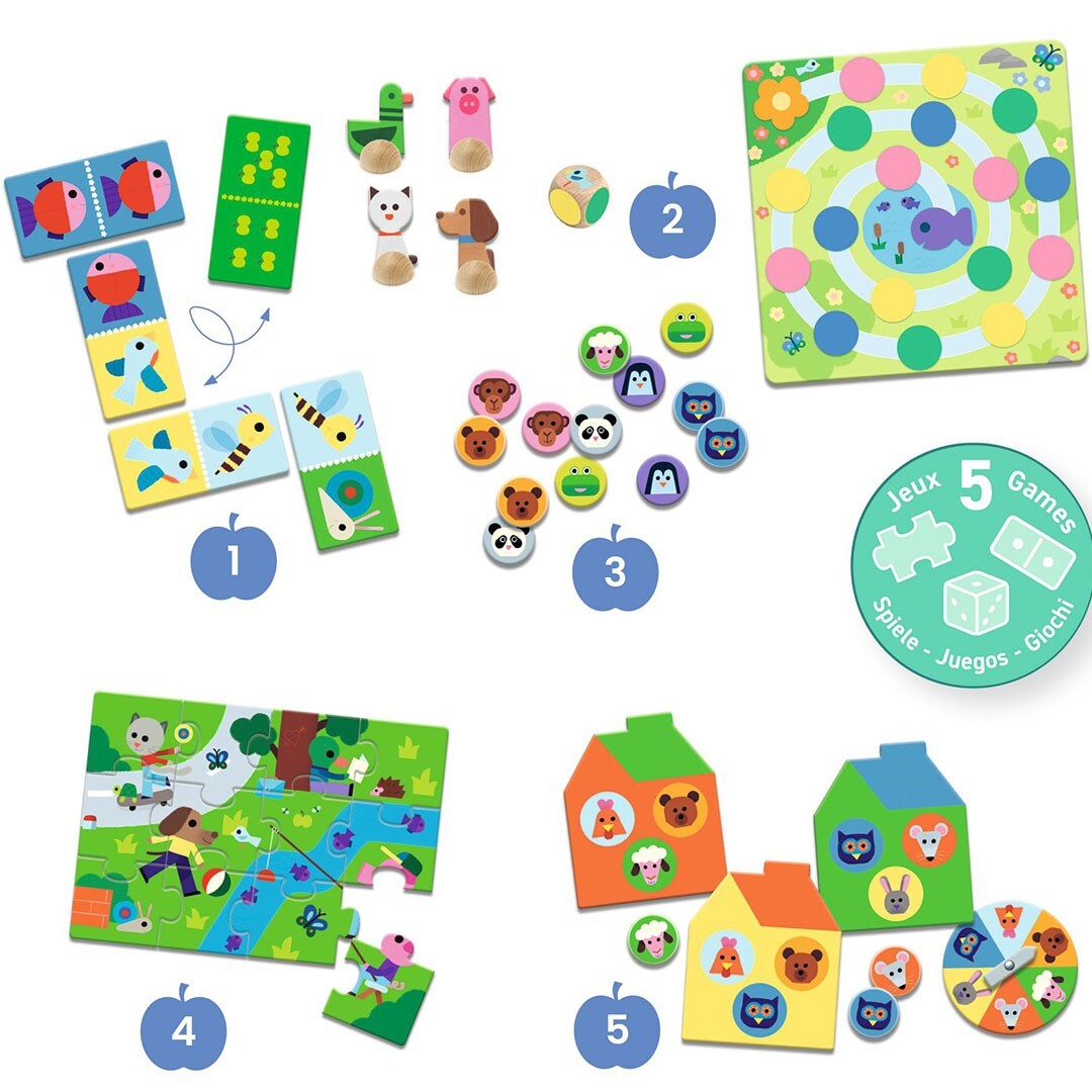 Overzicht van alle Djeco 5-in-1 spelonderdelen, inclusief puzzel, domino, loto en Ludo.