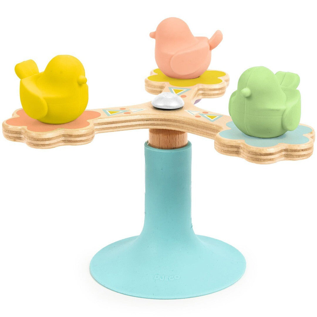 Djeco babyspeelgoed spinner met drie gekleurde vogels op houten bladeren.