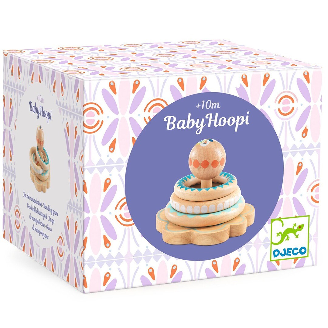 De verpakking van de Djeco BabyHoopi houten stapeltoren.
