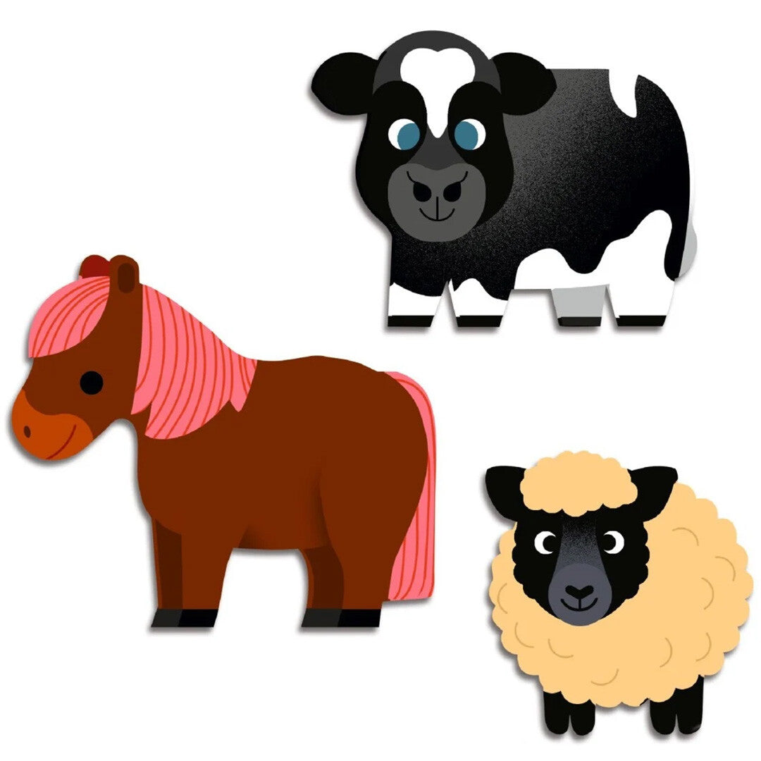 Drie Djeco boerderijdieren stickers: een bruine pony, een zwart-witte koe en een beige schaap.
