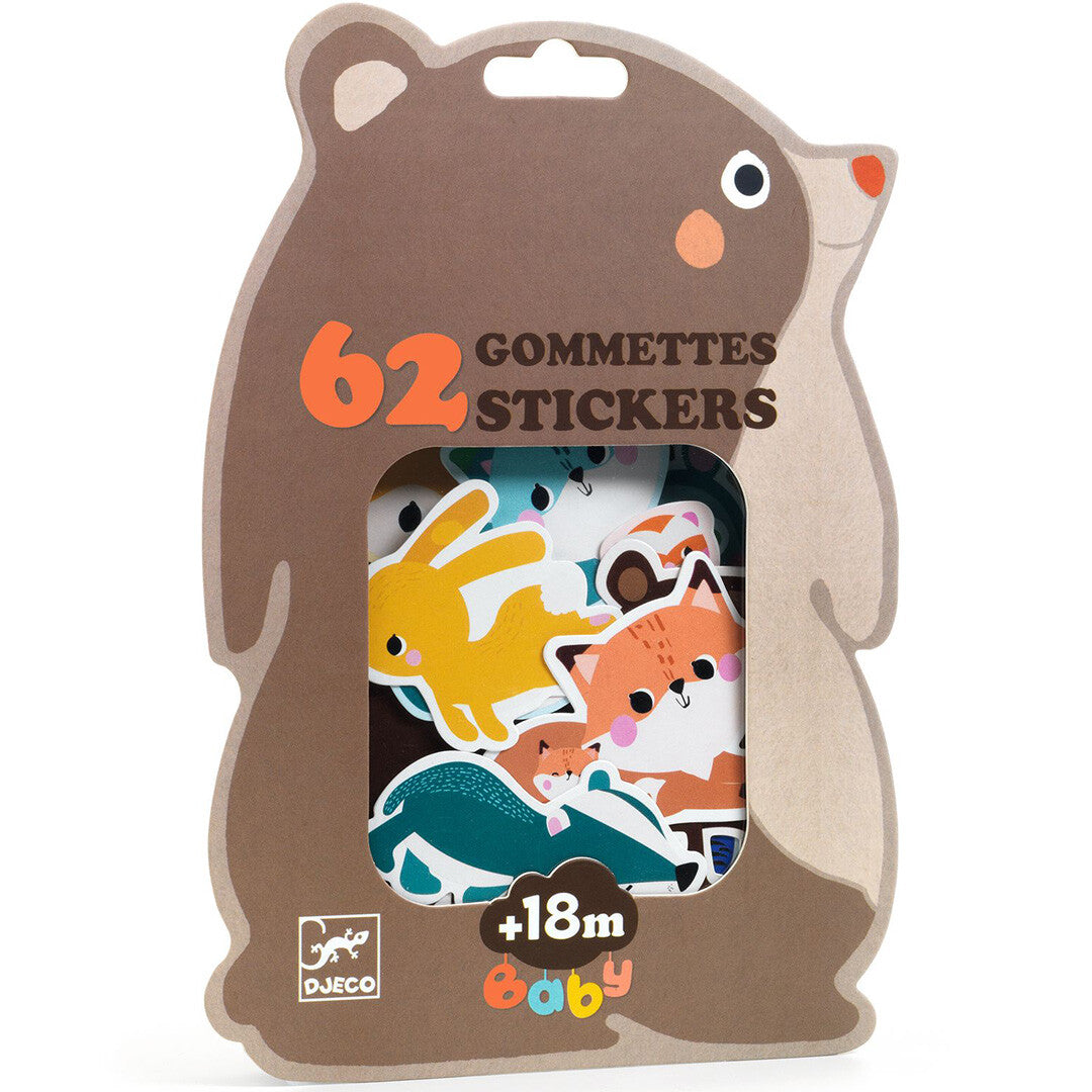 Djeco verpakking met 62 bosdieren stickers voor baby's, in de vorm van een beer.