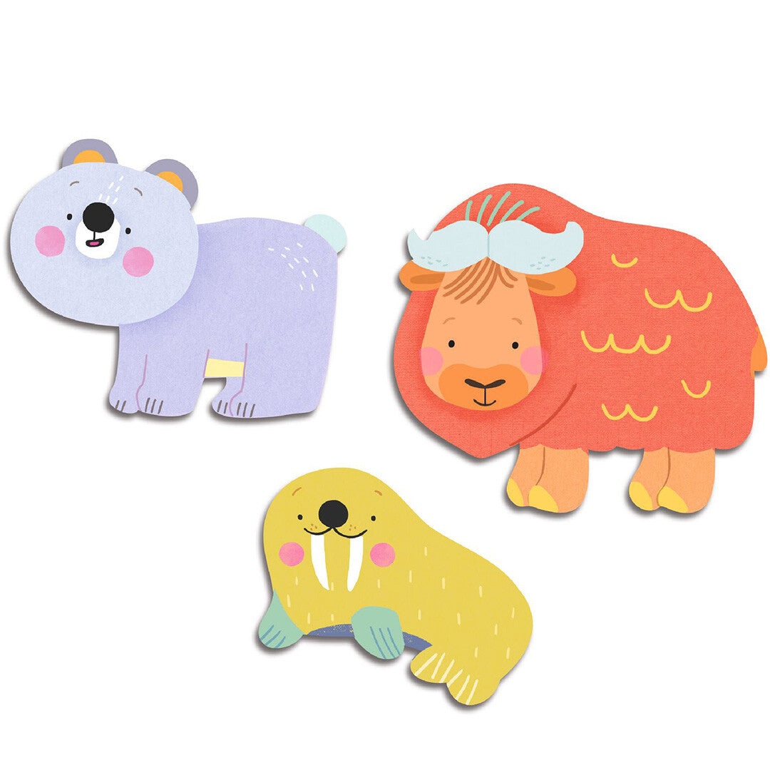 Drie Djeco stickers van dieren van de ijsvlakte: een paarse beer, een oranje jak en een gele walrus.