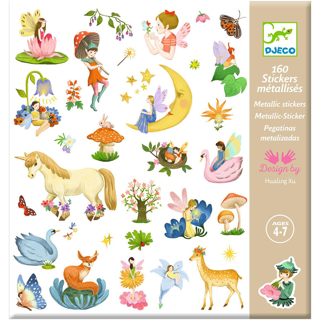 Djeco verpakking van 160 metallic fantasie stickers met sprookjesfiguren en dieren.