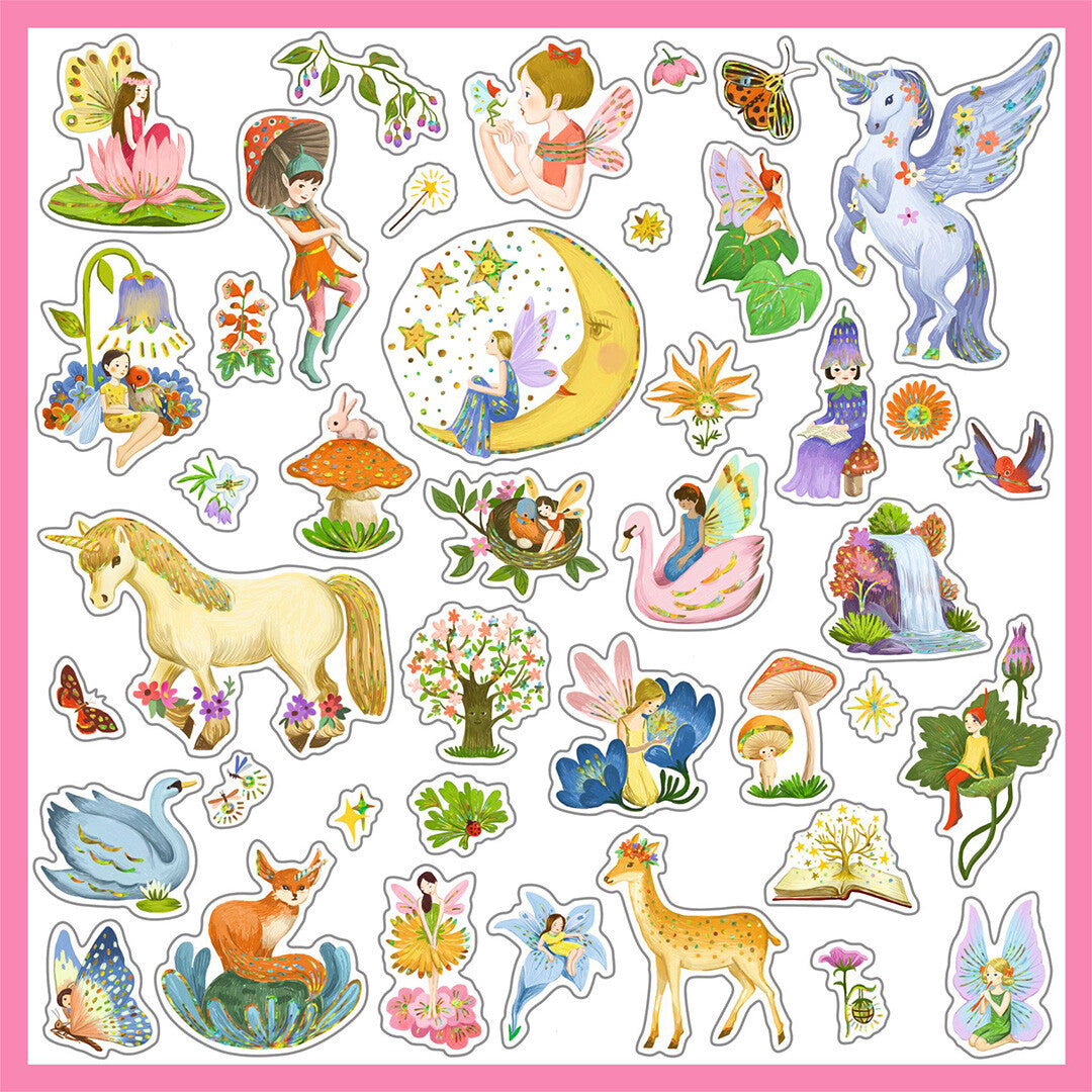 Collectie Djeco metallic fantasie stickers met sprookjesfiguren, eenhoorns en bloemen.