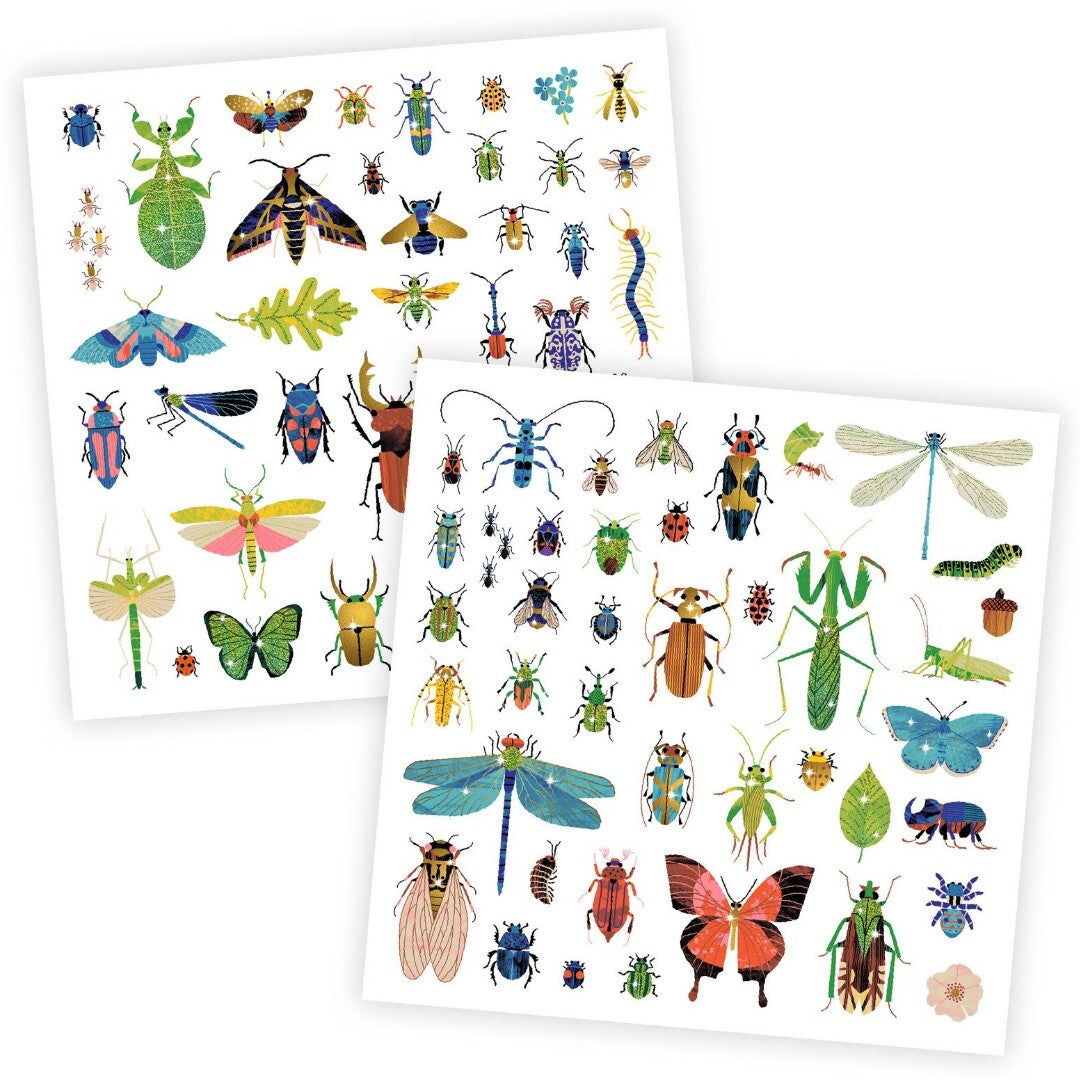 Twee vellen met diverse insectenstickers, schuin op elkaar liggend.