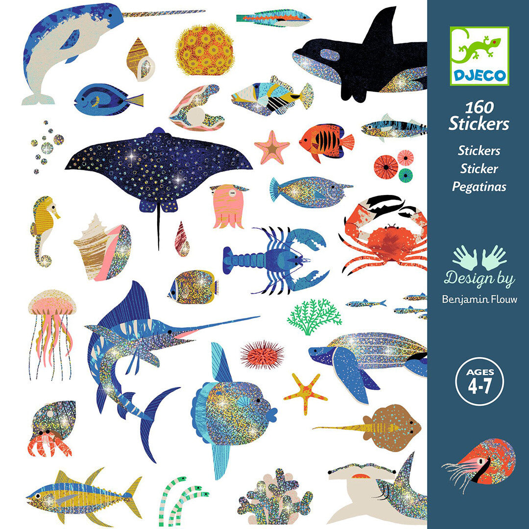Djeco stickers oceaan verpakking met diverse glitterende zeedieren en de leeftijdsaanduiding 4-7 jaar.