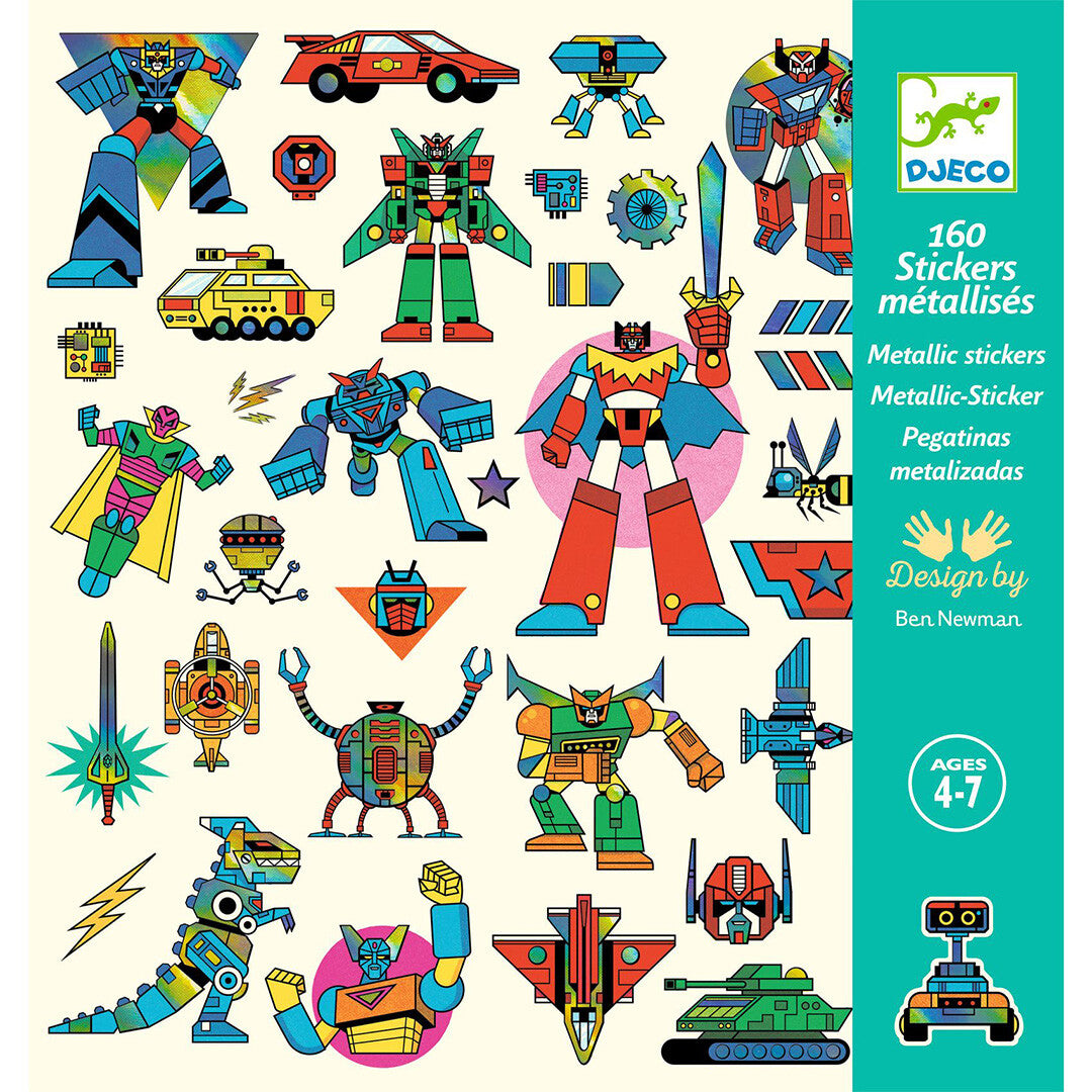 Djeco verpakking met 160 metallic robot en voertuig stickers.