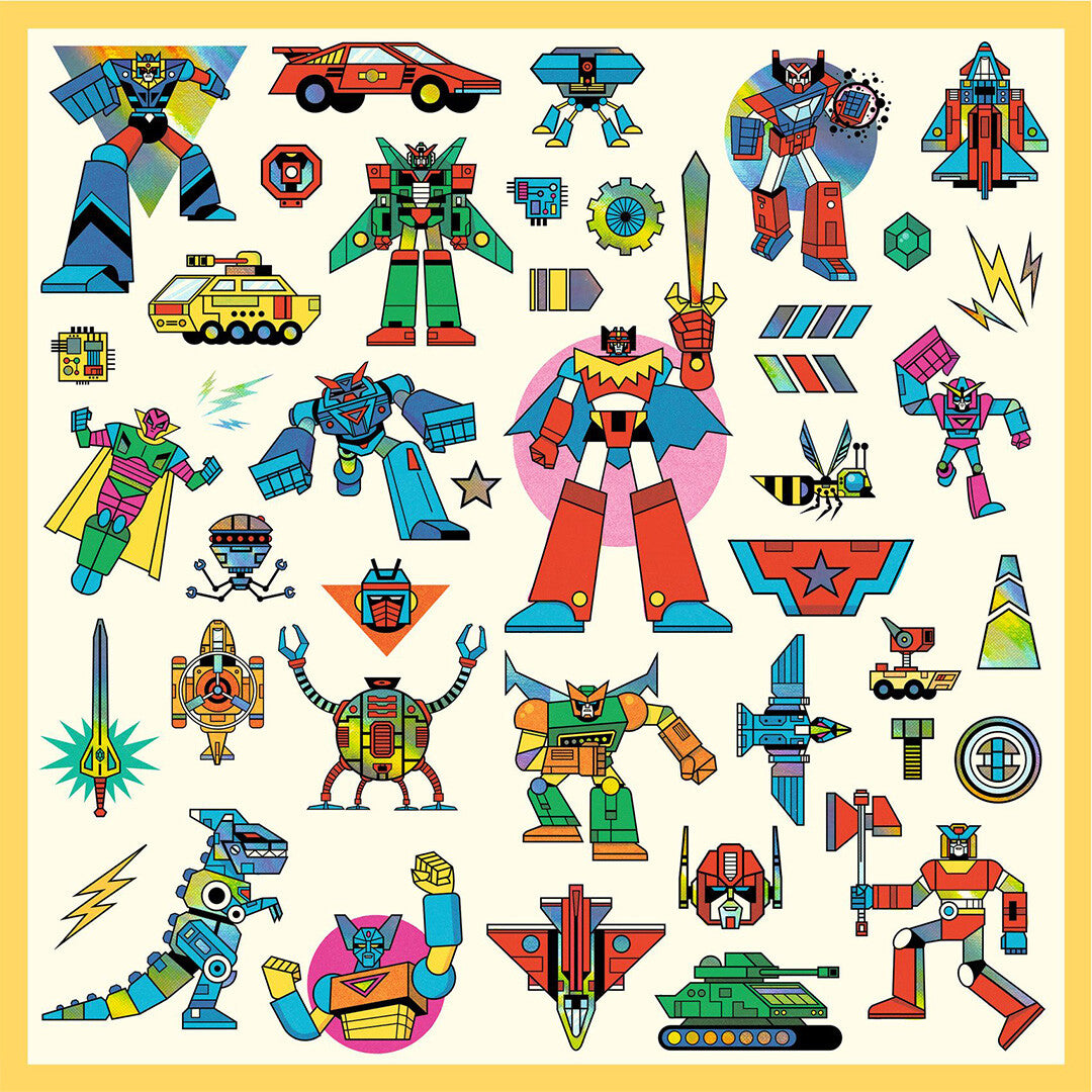 Collectie van diverse kleurrijke robot en sci-fi stickers.