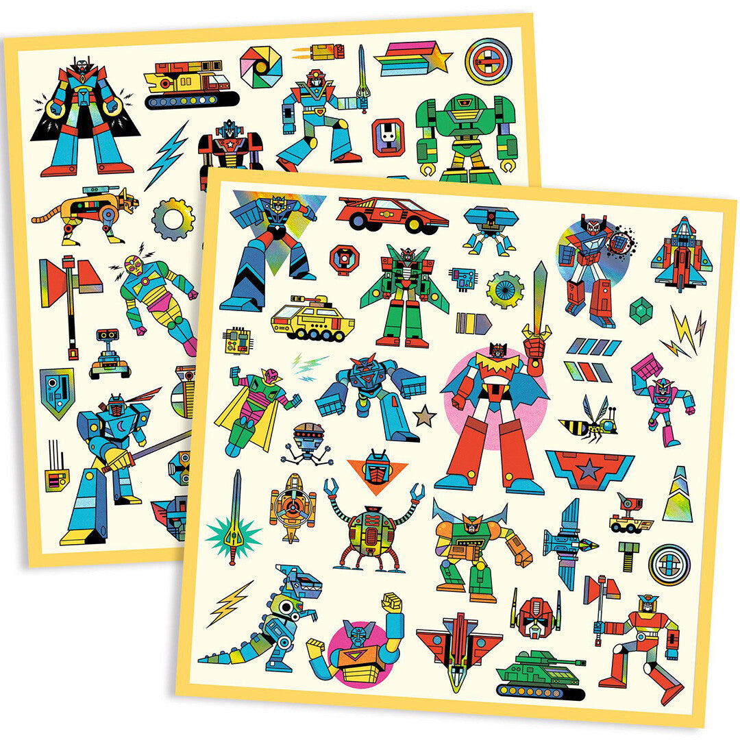 Twee vellen met metallic robot en voertuig stickers schuin op elkaar.