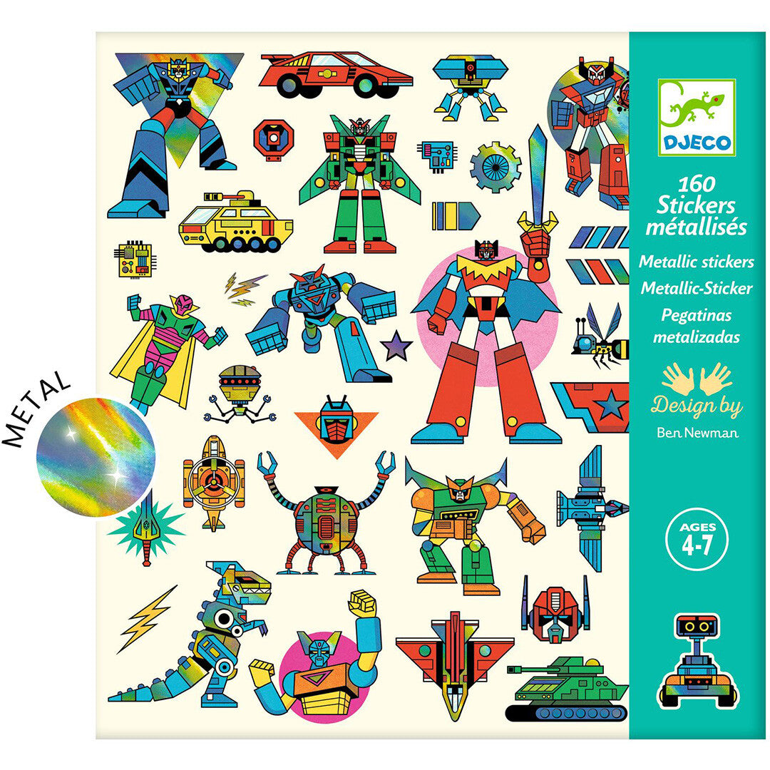 Djeco verpakking met 160 metallic robot en voertuig stickers, met metallic effect.