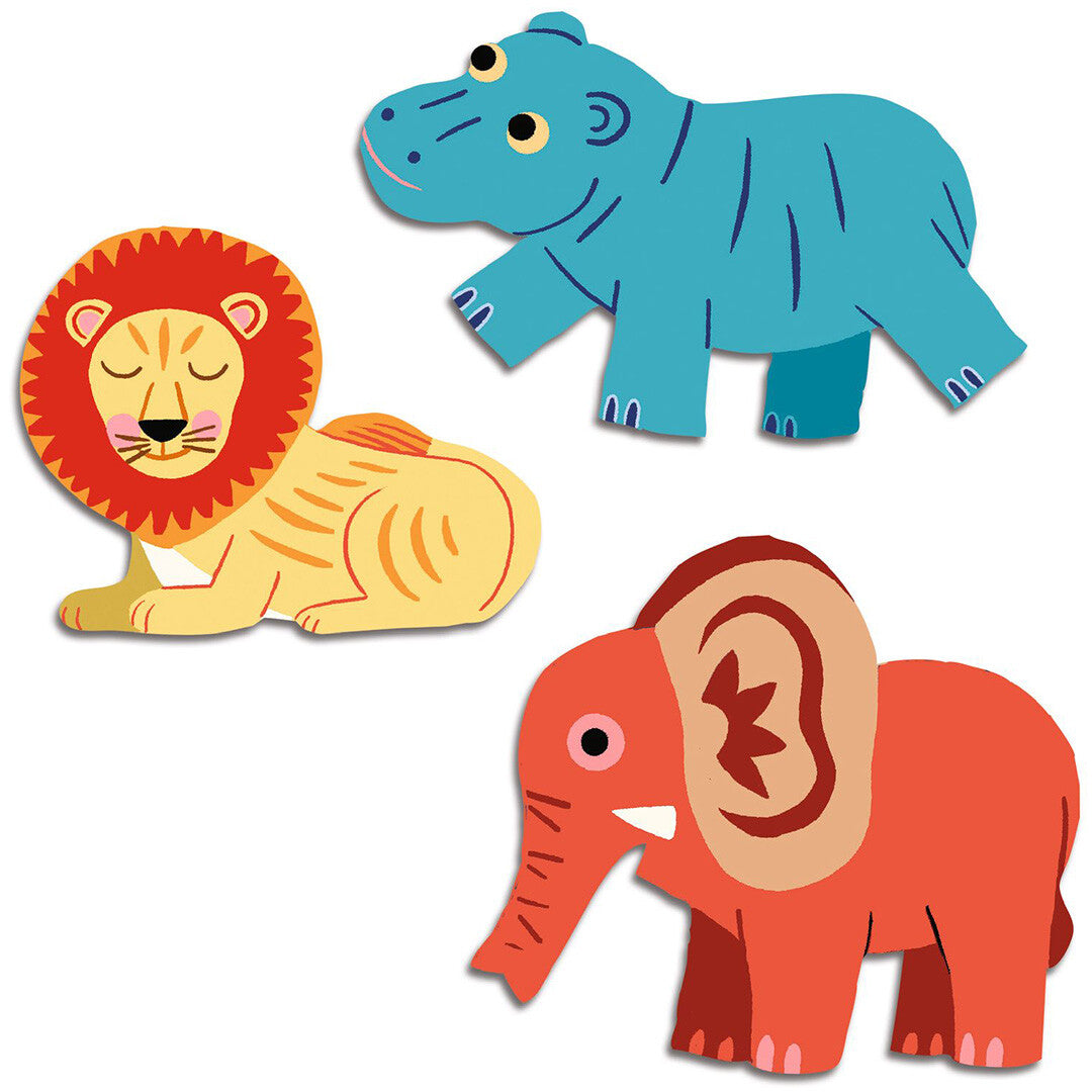 Drie kleurrijke savannedieren stickers: een blauw nijlpaard, een gele leeuw en een oranje olifant.