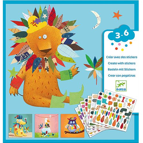Djeco stickerset dieren versieren verpakking met een versierde leeuw en voorbeelden van stickers.