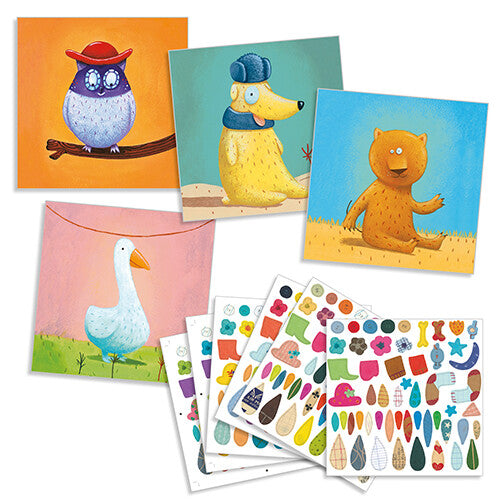 Vijf onversierde dierenkaarten en diverse vellen met kleurrijke stickers voor de Djeco stickerset.