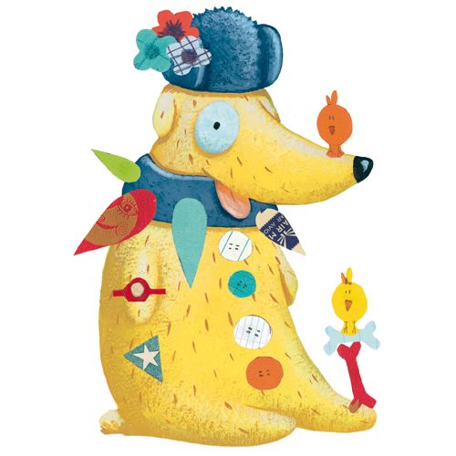 Detail van een versierde gele hond met een blauwe muts en kleurrijke stickers.