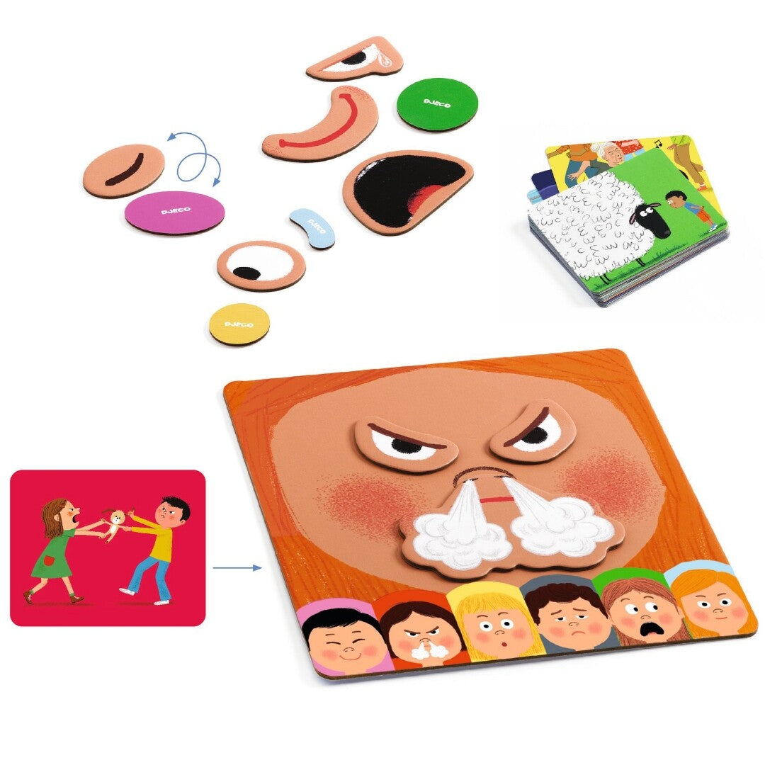 Demonstratie van het Djeco Emotico educatief spel, met een boos gezicht en een bijpassende emotiekaart.