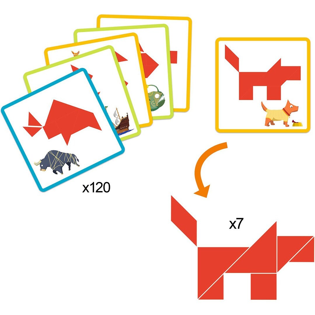 Infographic van de Djeco Tangram puzzel met rode geometrische stukken en voorbeeldkaarten van dieren en voertuigen.