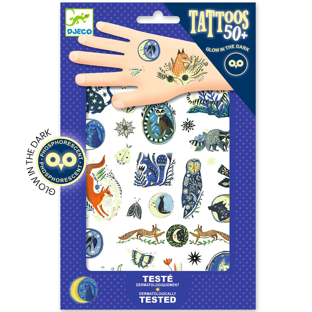 Djeco verpakking met glow-in-the-dark tijdelijke kindertatoeages met dieren- en natuurthema, met de tekst 'phosphorescent' aan de zijkant.